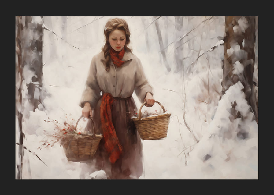 Maalattu nainen korien kanssa lumipeitteisessä metsässä, pehmeät värit-12