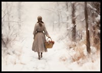 Watercolor of woman with basket in snow-covered winter landscape-6