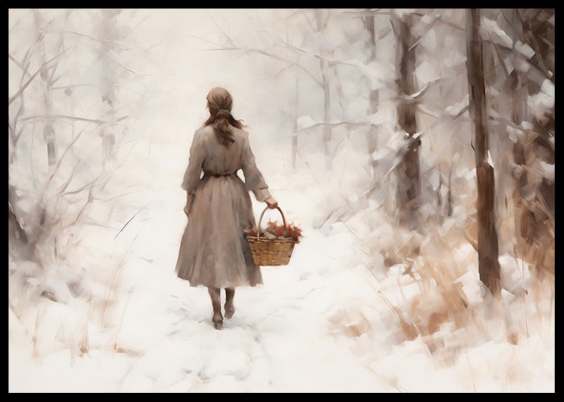 Watercolor of woman with basket in snow-covered winter landscape-12