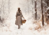 Watercolor of woman with basket in snow-covered winter landscape-7