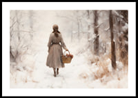 Watercolor of woman with basket in snow-covered winter landscape-0
