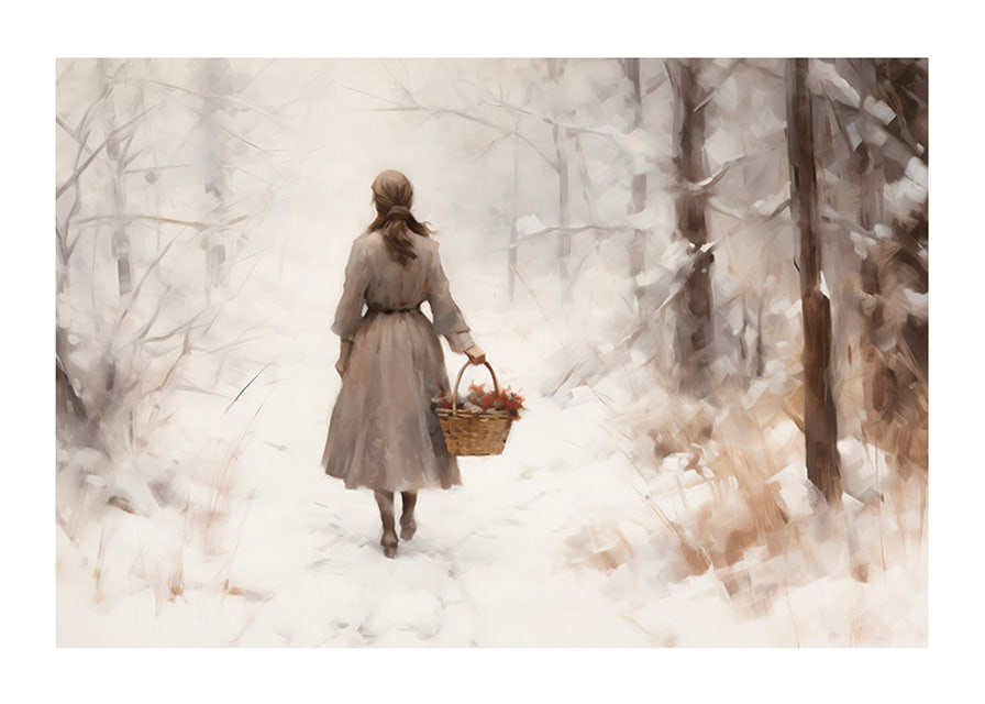 Watercolor of woman with basket in snow-covered winter landscape-12