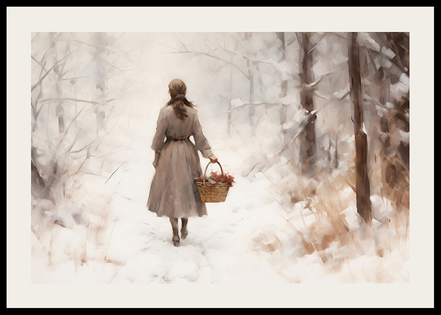 Watercolor of woman with basket in snow-covered winter landscape-12