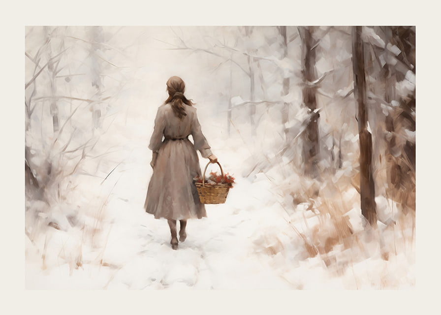 Watercolor of woman with basket in snow-covered winter landscape-12