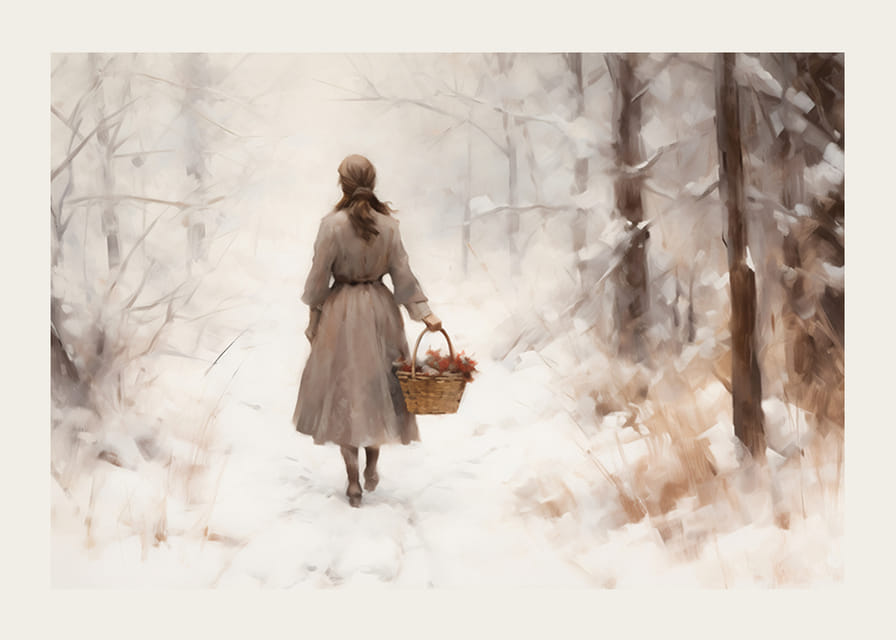 Akvarel ženy s košíkom v zasneženej zimnej krajine-12