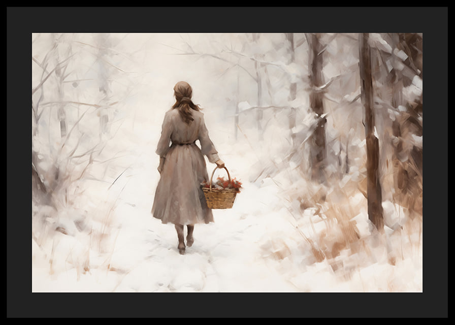 Watercolor of woman with basket in snow-covered winter landscape-12