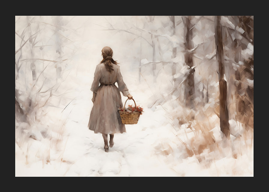 Watercolor of woman with basket in snow-covered winter landscape-12