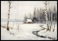 Akvarell av vinterlandskap med stuga, björkar och bäck-6