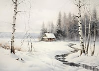 Akvarell av vinterlandskap med stuga, björkar och bäck-7