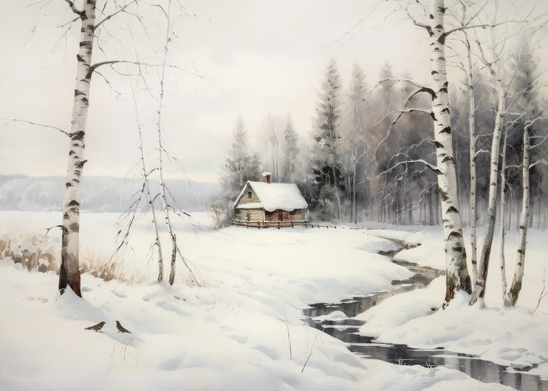 Akvarell av vinterlandskap med stuga, björkar och bäck-12