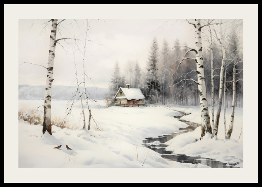 Akvarell av vinterlandskap med stuga, björkar och bäck-12