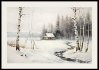 Akvarell av vinterlandskap med stuga, björkar och bäck-2