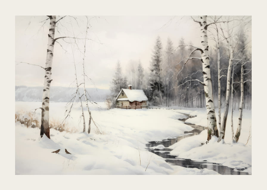 Akvarell av vinterlandskap med stuga, björkar och bäck-12