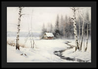 Akvarell av vinterlandskap med stuga, björkar och bäck-4