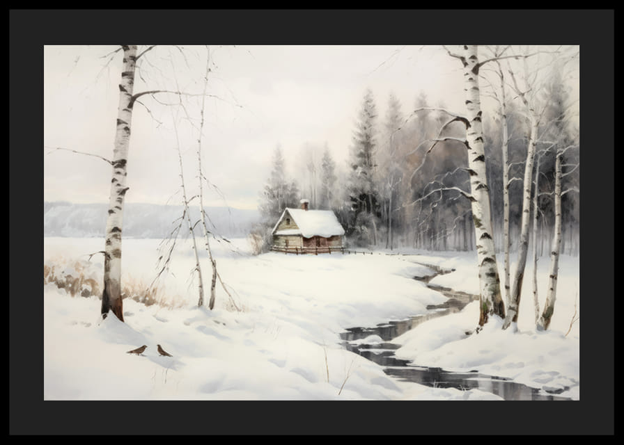 Akvarell av vinterlandskap med stuga, björkar och bäck-12