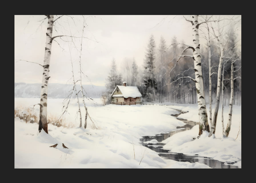 Akvarell av vinterlandskap med stuga, björkar och bäck-12