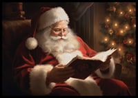 Painted Santa Claus reading a book by the Christmas tree in warm lighting-6