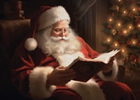Painted Santa Claus reading a book by the Christmas tree in warm lighting-7