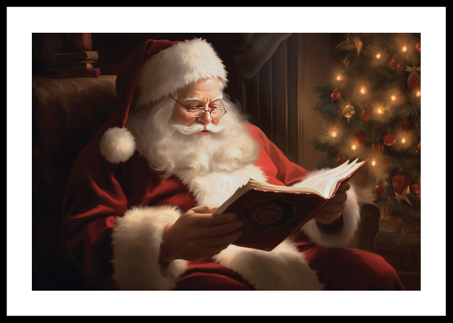 Painted Santa Claus reading a book by the Christmas tree in warm lighting-12