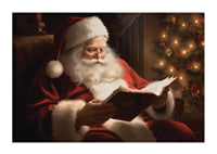 Painted Santa Claus reading a book by the Christmas tree in warm lighting-1