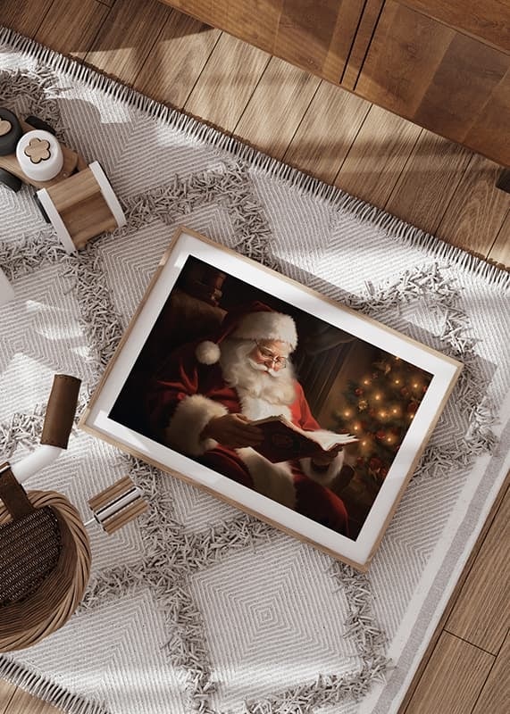 Painted Santa Claus reading a book by the Christmas tree in warm lighting-12