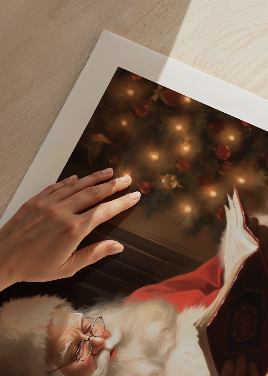 Painted Santa Claus reading a book by the Christmas tree in warm lighting-12