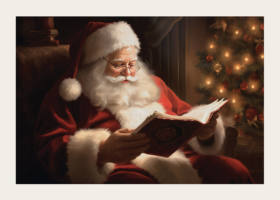 Painted Santa Claus reading a book by the Christmas tree in warm lighting-12