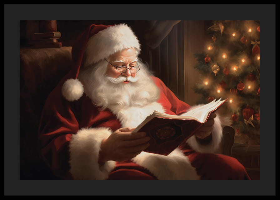 Gemalter Weihnachtsmann, der bei warmer Beleuchtung ein Buch am Weihnachtsbaum liest-12
