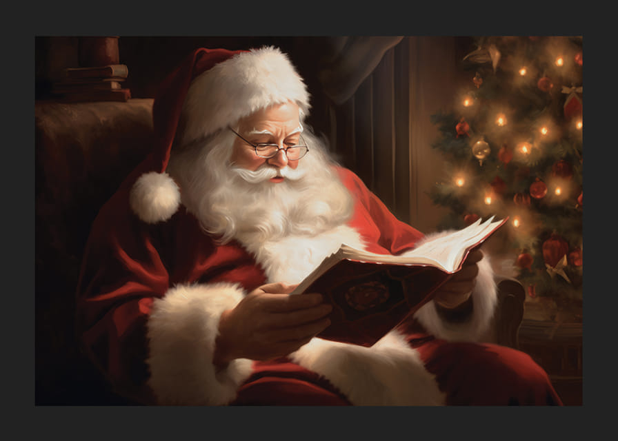 Gemalter Weihnachtsmann, der bei warmer Beleuchtung ein Buch am Weihnachtsbaum liest-12