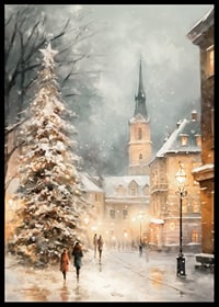 Illustrated winter village with Christmas tree, snow and church tower-6