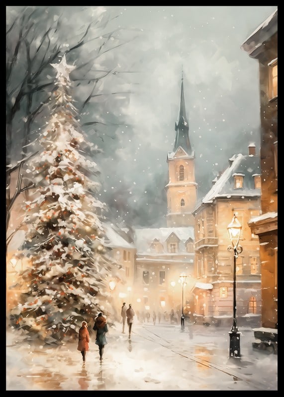 Illustrated winter village with Christmas tree, snow and church tower-12