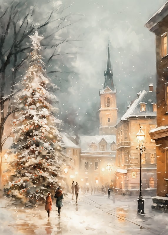 Illustrated winter village with Christmas tree, snow and church tower-12
