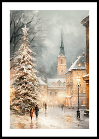 Illustrated winter village with Christmas tree, snow and church tower-0