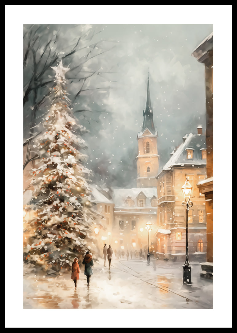 Illustrated winter village with Christmas tree, snow and church tower-12