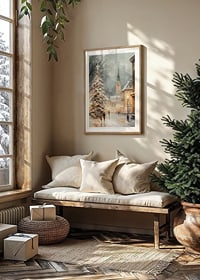 Illustrated winter village with Christmas tree, snow and church tower-8