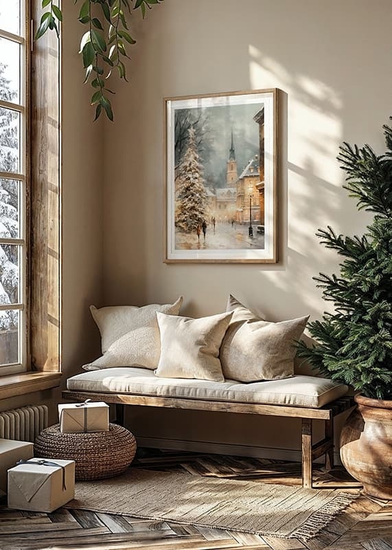 Illustrated winter village with Christmas tree, snow and church tower-12