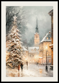Illustrated winter village with Christmas tree, snow and church tower-2
