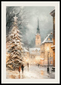 Illustrerad vinterby med julgran, snö och kyrktorn-2