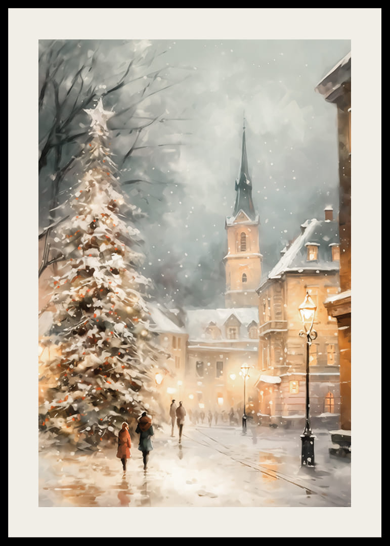 Illustrerad vinterby med julgran, snö och kyrktorn-12