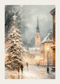 Illustrerad vinterby med julgran, snö och kyrktorn-3