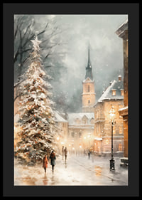 Illustrated winter village with Christmas tree, snow and church tower-4