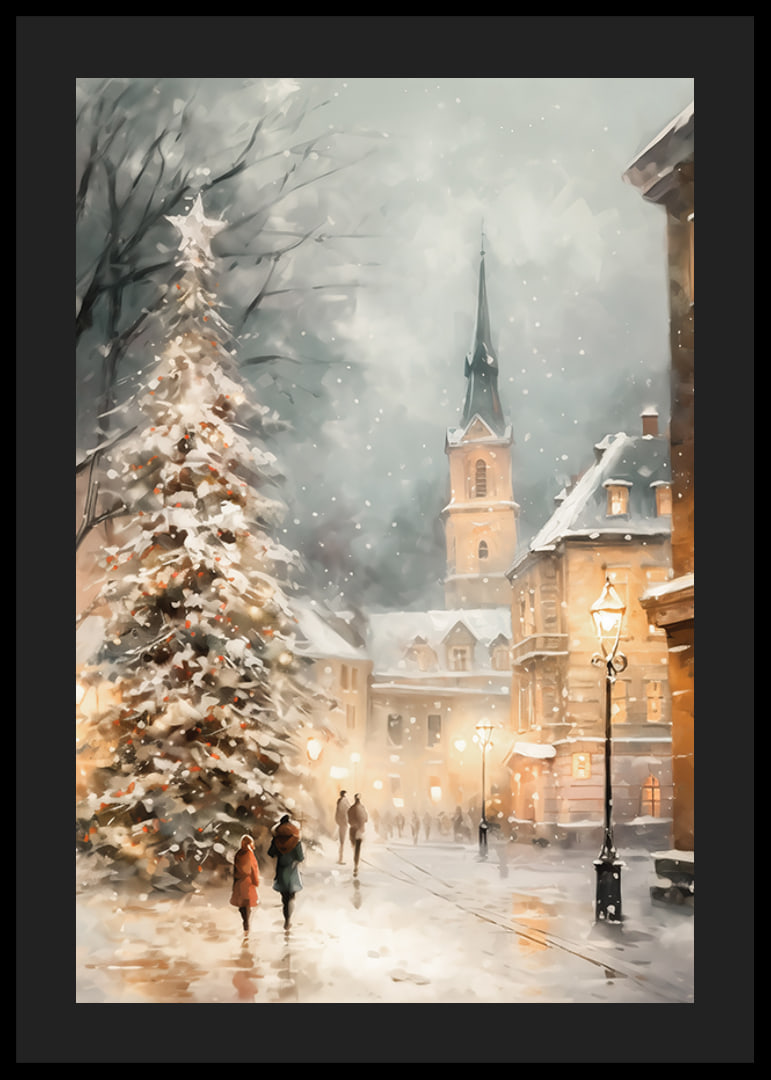 Illustrated winter village with Christmas tree, snow and church tower-12