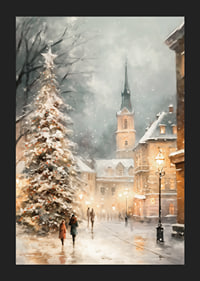 Illustrated winter village with Christmas tree, snow and church tower-5