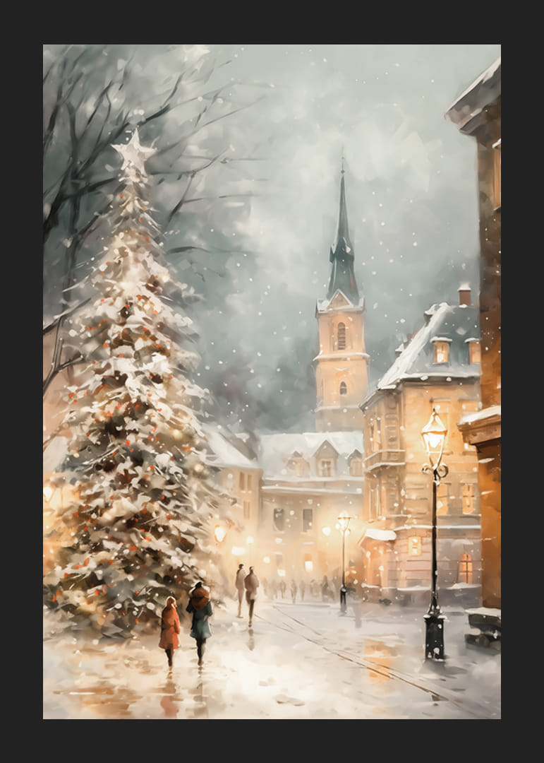 Illustrerad vinterby med julgran, snö och kyrktorn-12