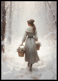 Painted woman with baskets in snow-covered forest, soft colors-6