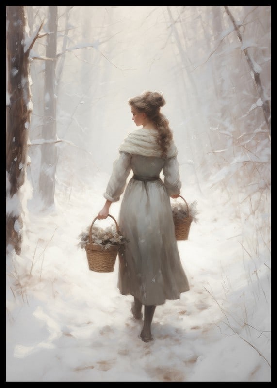 Painted woman with baskets in snow-covered forest, soft colors-12