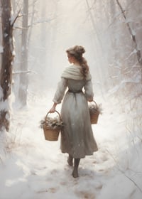Painted woman with baskets in snow-covered forest, soft colors-7