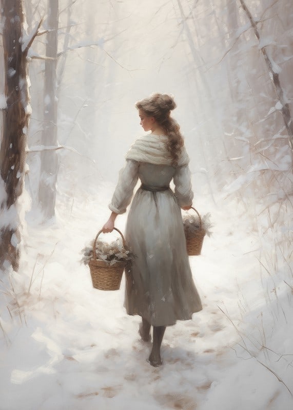 Painted woman with baskets in snow-covered forest, soft colors-12