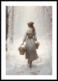 Painted woman with baskets in snow-covered forest, soft colors-0