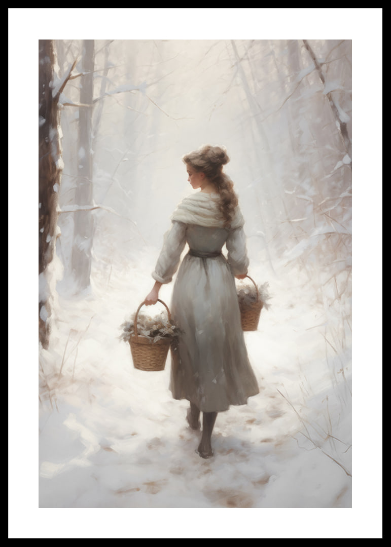 Painted woman with baskets in snow-covered forest, soft colors-12